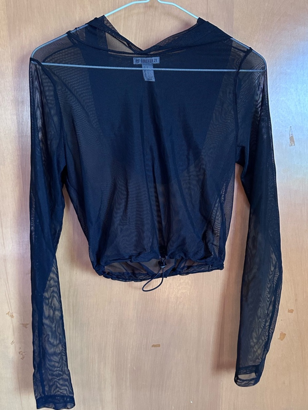 Black Sheer Mesh Long-Sleeve Crop Hoodie